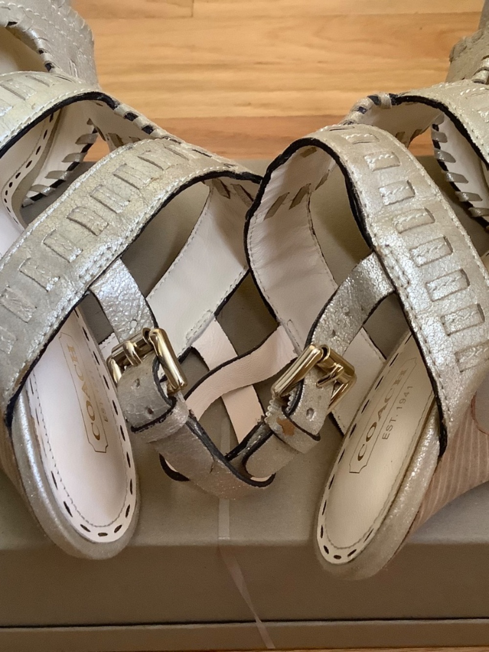 Coach Kareena Brushed Gold Whipstitch Metallic Leather High Heel Sandals SZ 9.5 - Picture 8 of 13